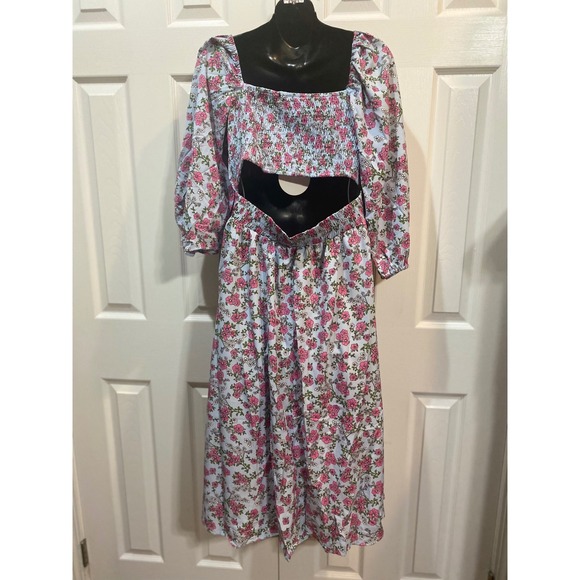 Umgee USA Blue Pink Floral Square Neck Smocked Cutout Midi Dress Women's Size M - Picture 3 of 4